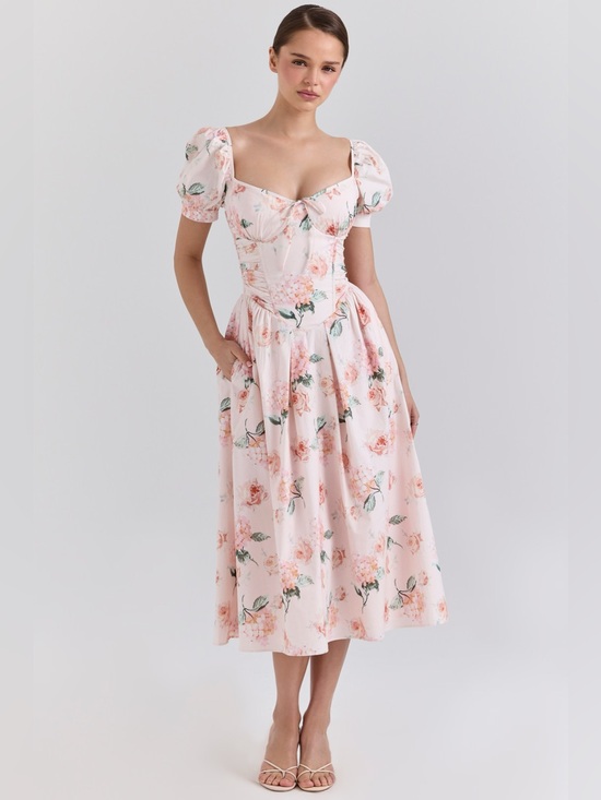 House of CB Dresses & Skirts - House of CB LULABELL Peach Floral Cotton Puff Sleeve Midi Dress NWT